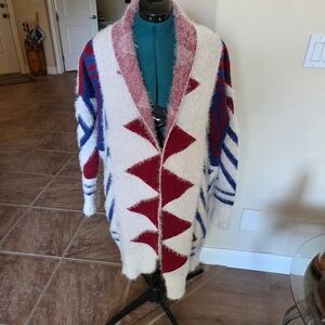 Stylish Red and Blue Geometric Cardigan